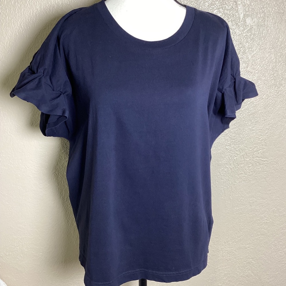 COS Navy Blue Ruffle Sleeve 100% Cotton T-Shirt Women's Large Relaxed Fit